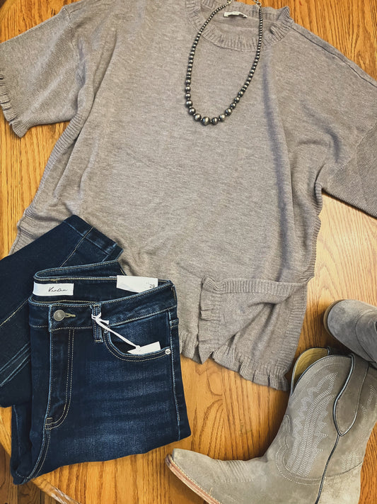 Ruffle Trim Drop Shoulder Sweater Top