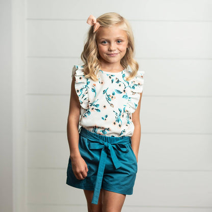 Girls White & Teal Floral Ruffle Summer Short Set