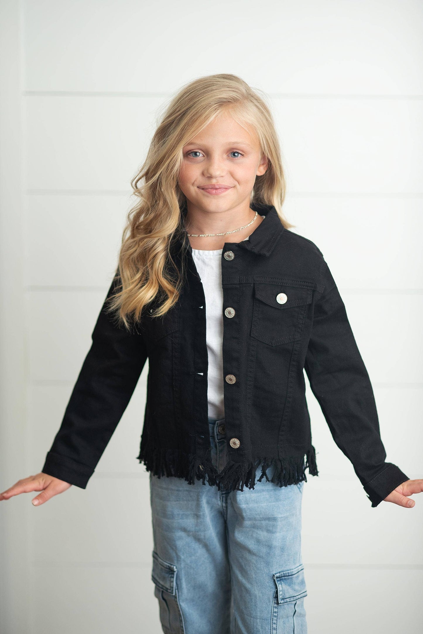 Girls Black Denim Fringe Jacket