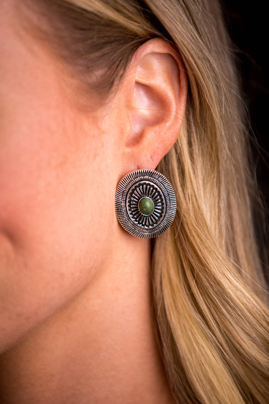 Oval Concho Post Earrings with Green Accent