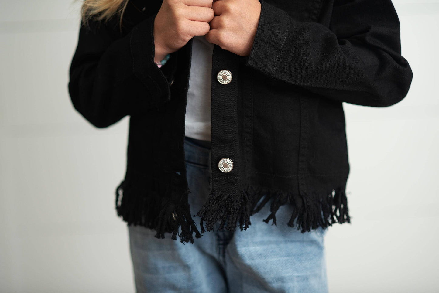 Girls Black Denim Fringe Jacket