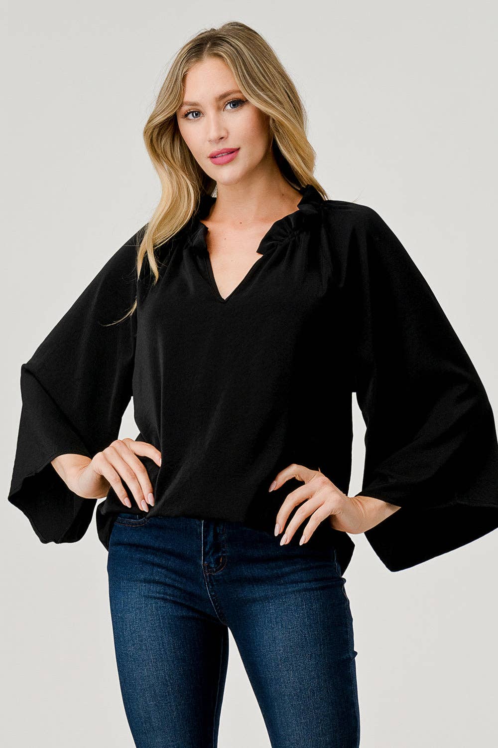 Lizzie Long Bell Sleeve Ruffle Neck Blouse PLUS