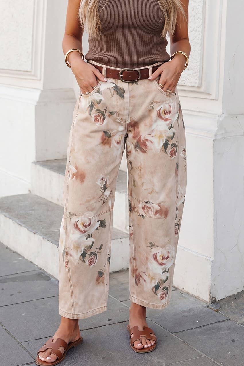 Retro Rose Khaki Floral Barrel-Leg Jeans