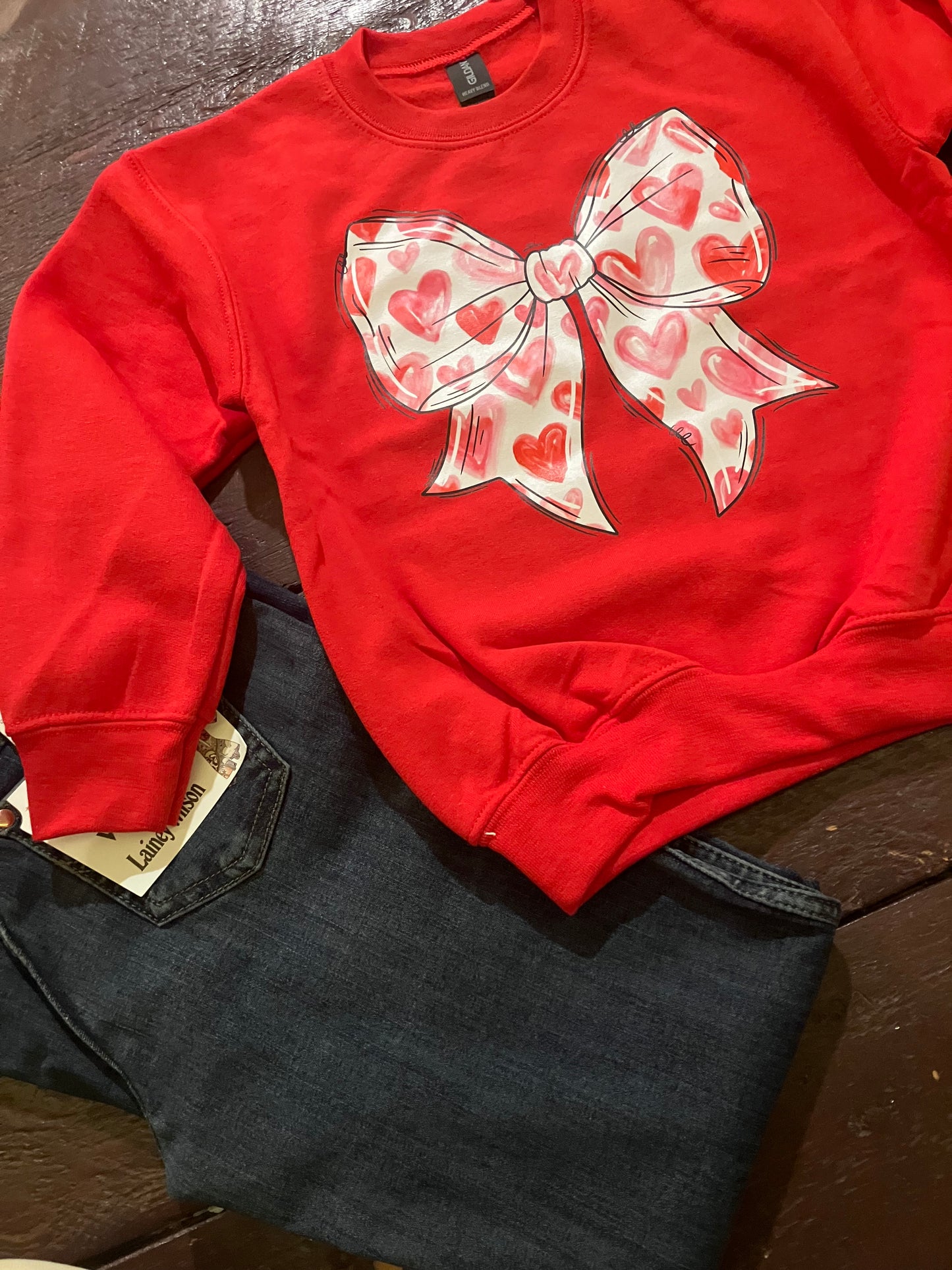 Red Valentine's Heart Bow Sweatshirt - Farm Wife Threads Women's Clothing