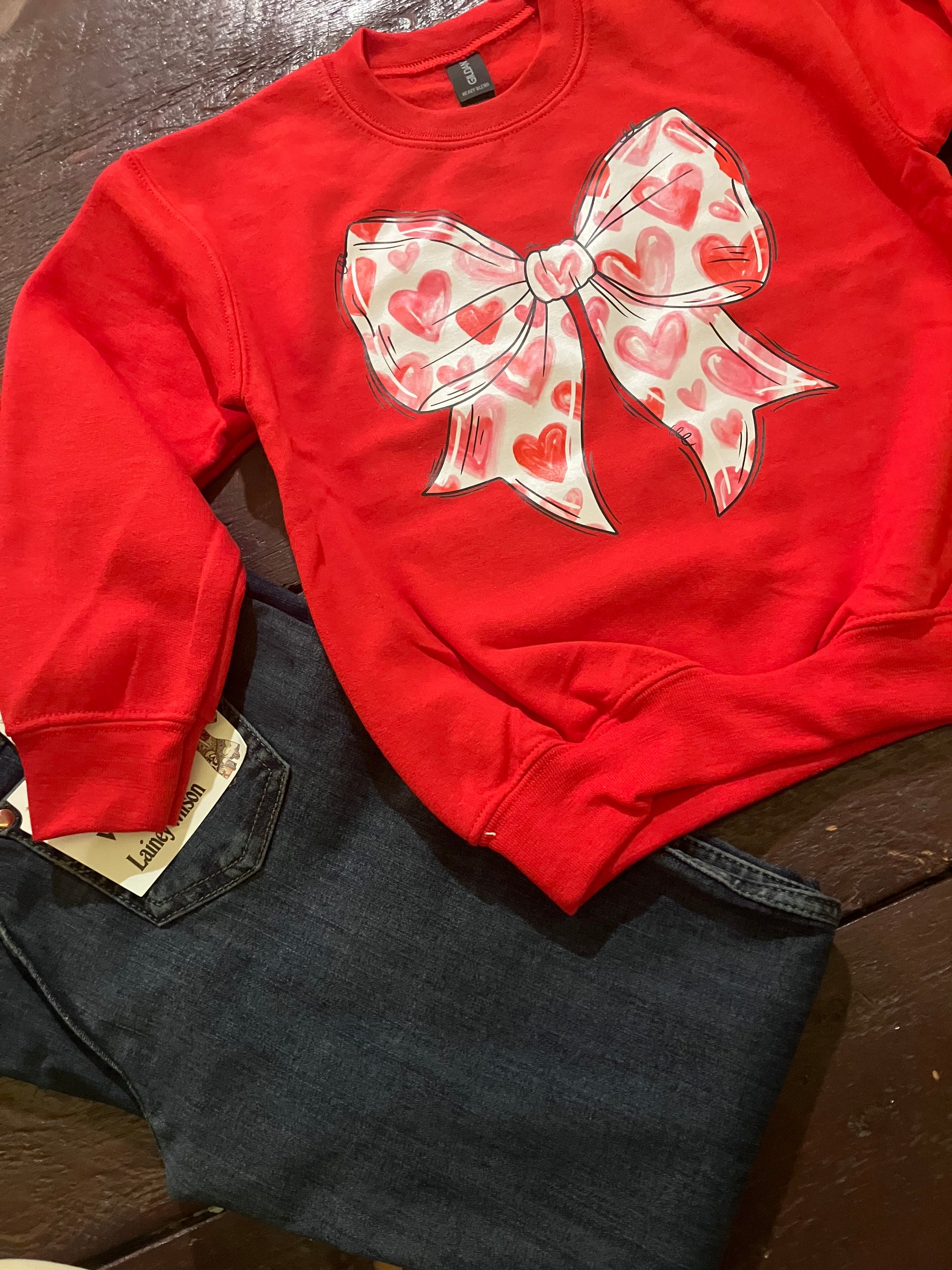 Red Valentine's Heart Bow Sweatshirt - Farm Wife Threads Women's Clothing