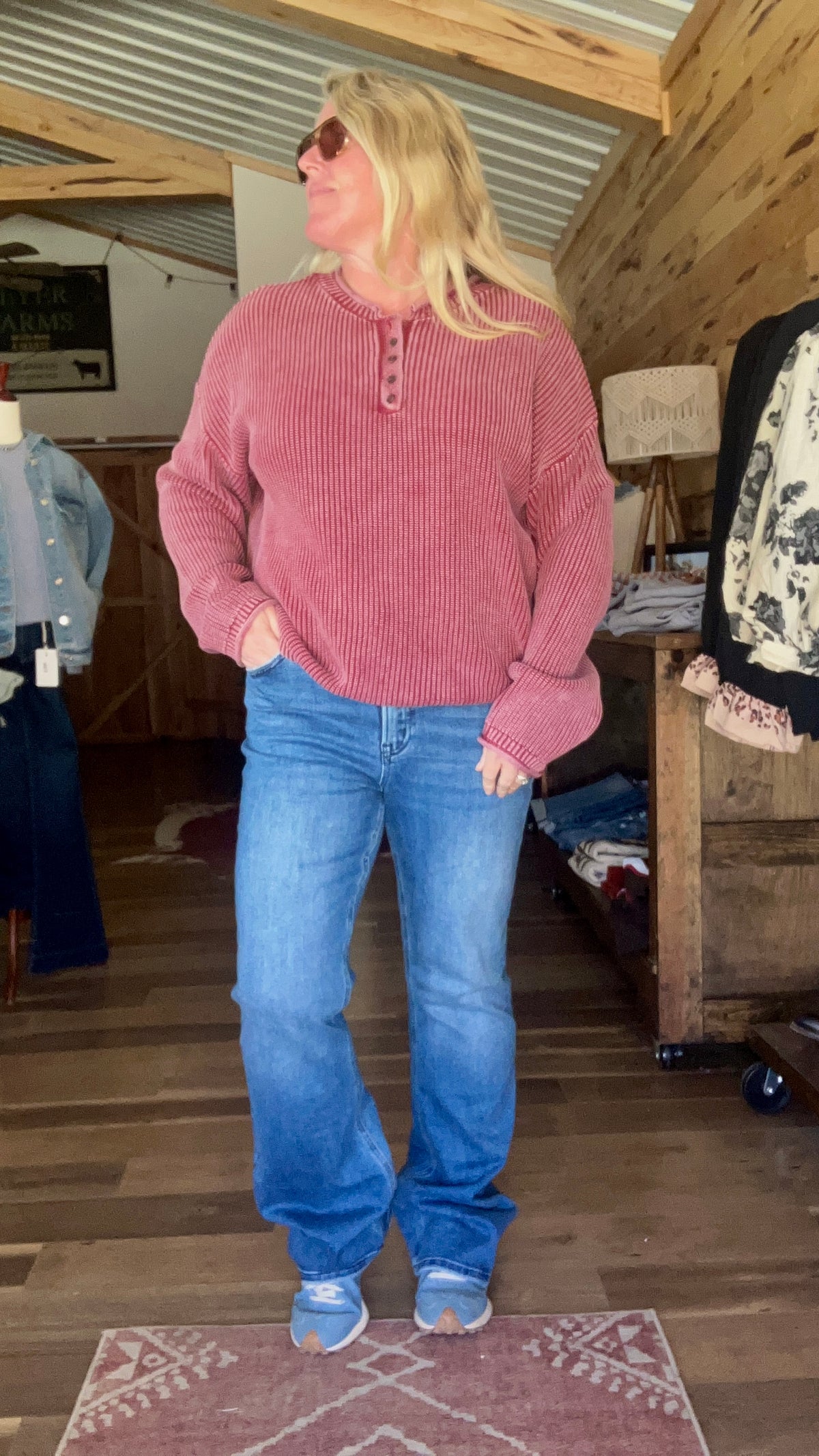 Washed Ribbed Henley Pullover Sweater