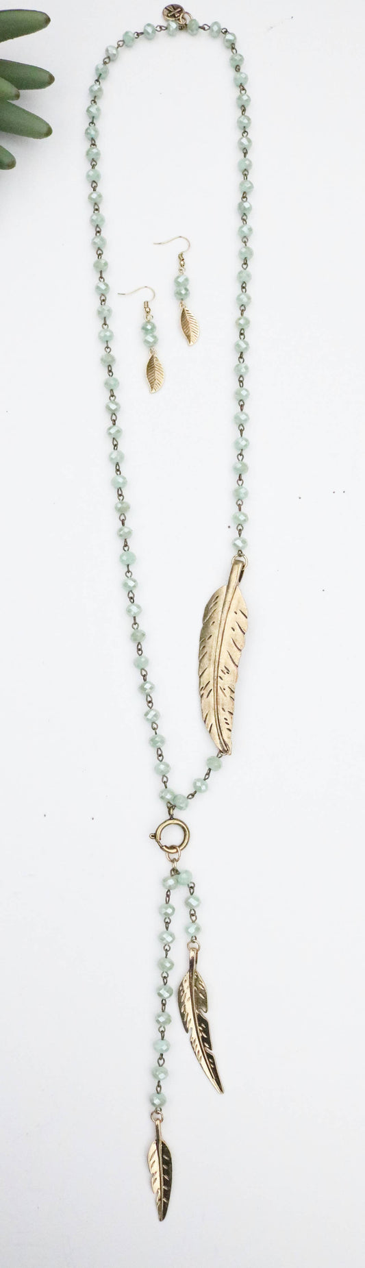 Mint Sparkle Bead Necklace Set with Gold Feathers