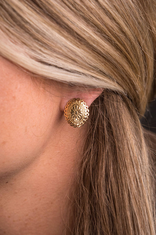 Small Gold Flower Stamped Concho Post Earring