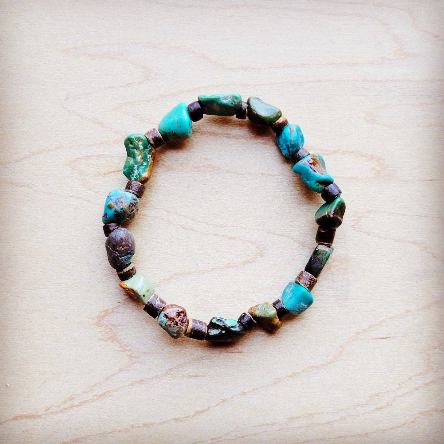 Genuine HuBei Natural Turquoise Beaded Bracelet w/ Wood