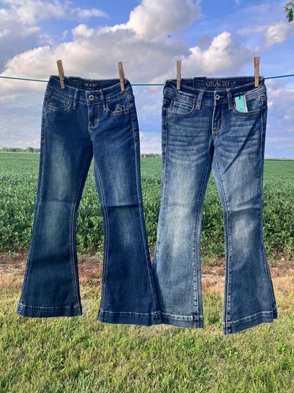 Grace in LA Girls Flare Jeans: Dark Wash Denim, Gold Stitching, Youth Fashion, On a washing line.