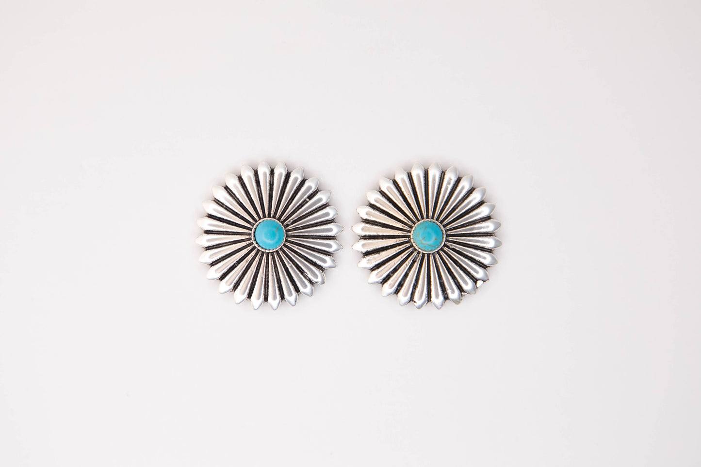 Silver Concho Burst Post Earrings w/ Turquoise Accent