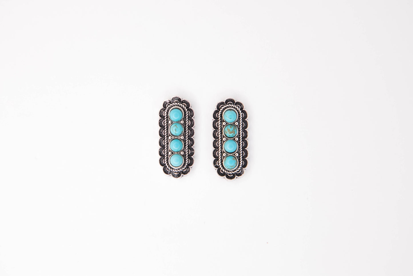 1" Turquoise & Silver 4 Stone Stamped Post Earrings