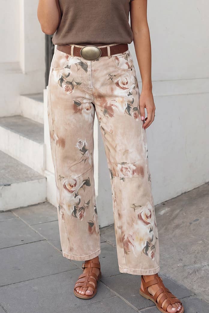 Retro Rose Khaki Floral Barrel-Leg Jeans