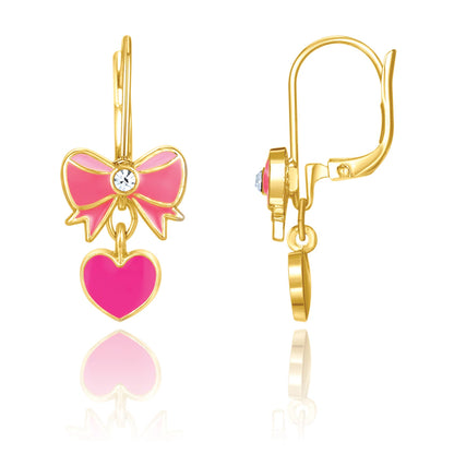 Pink Heart and Bow Leverback Earrings
