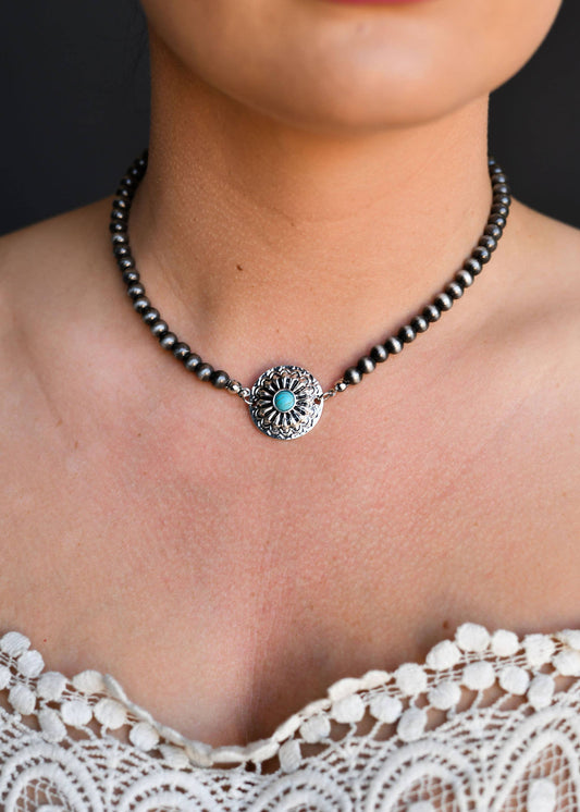 Faux Navajo Pearl Choker Necklace With Turquoise Concho Accent