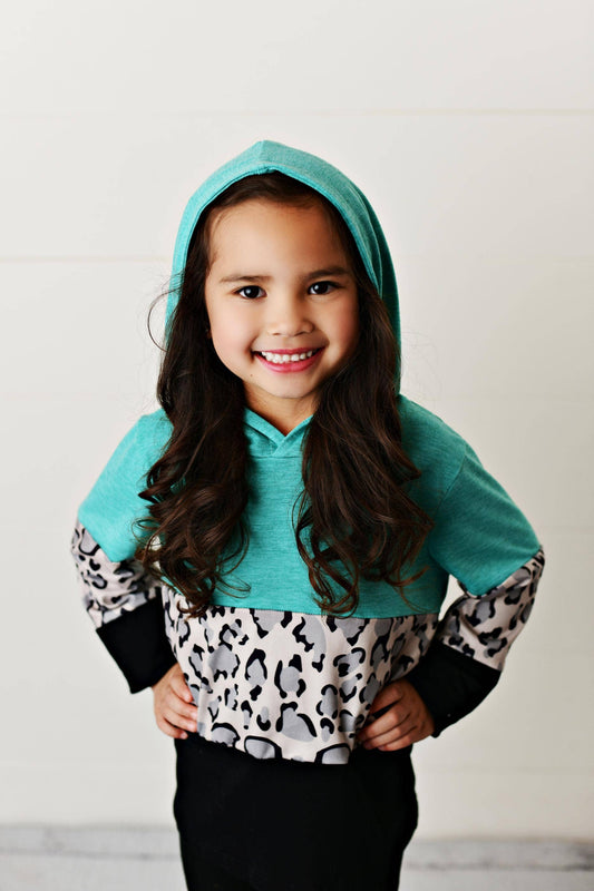 Kids Teal Black & Leopard Print Winter Hoodie Shirt