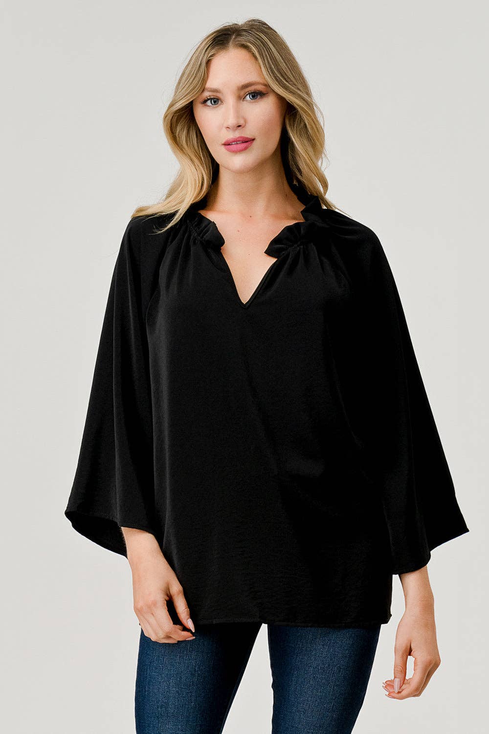 Lizzie Long Bell Sleeve Ruffle Neck Blouse PLUS