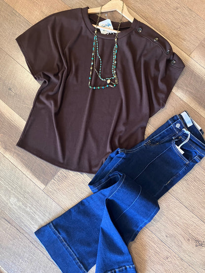 LULA dark brown round neck short sleeve top with shoulder button detail from Farm Wife Threads.