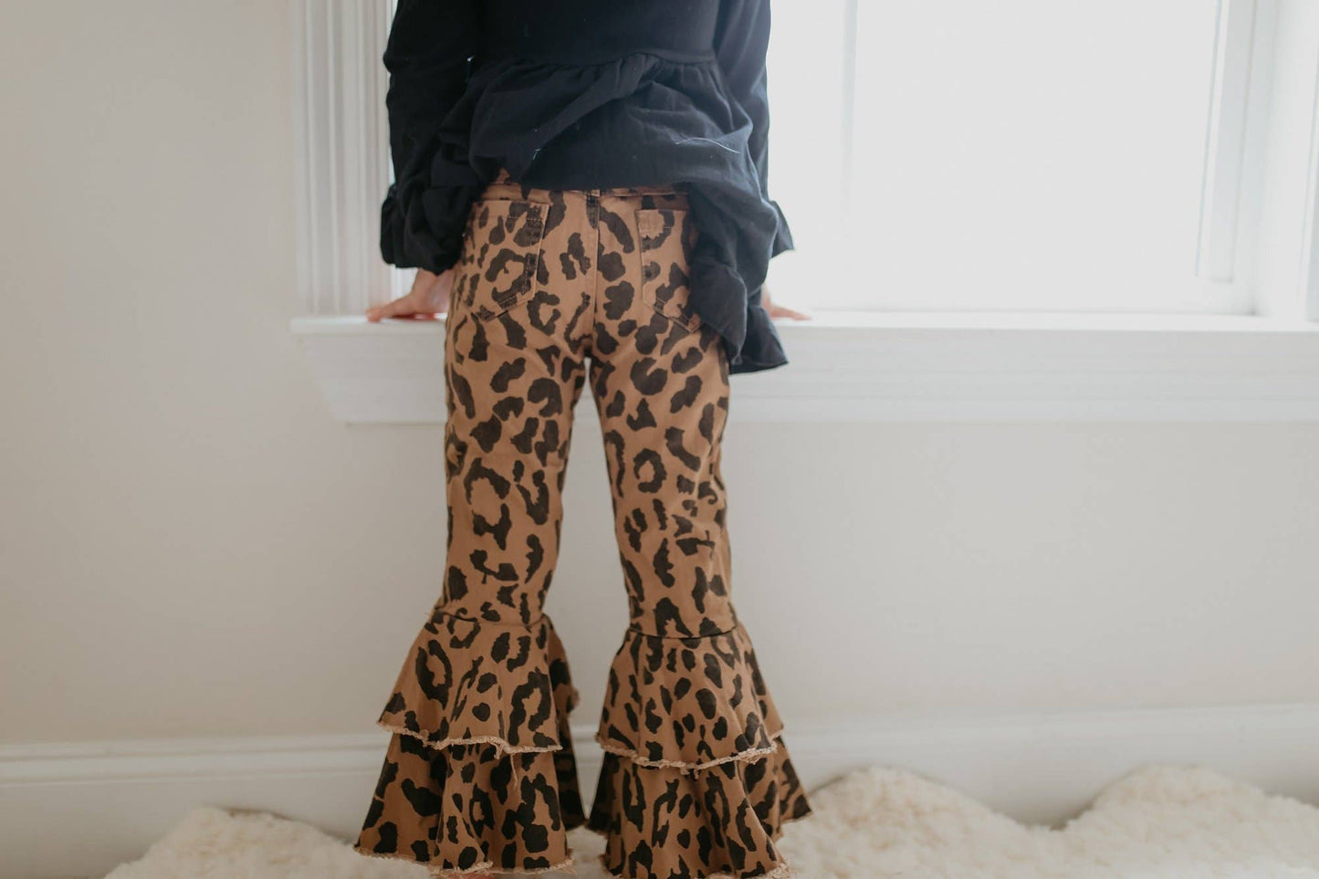 Girls Leopard Double Denim Ruffle Jeans