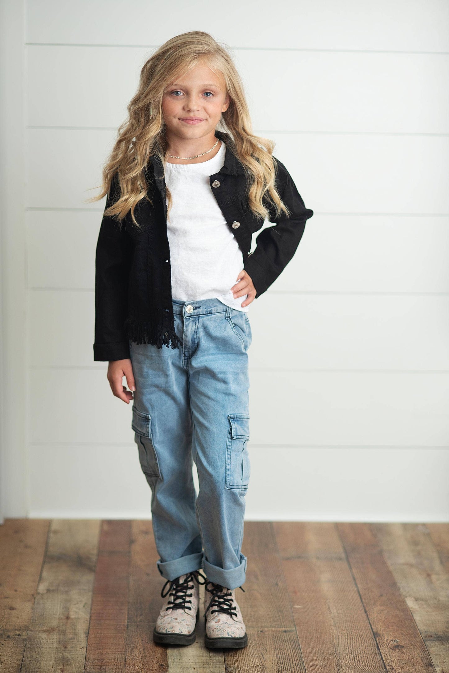 Girls Black Denim Fringe Jacket