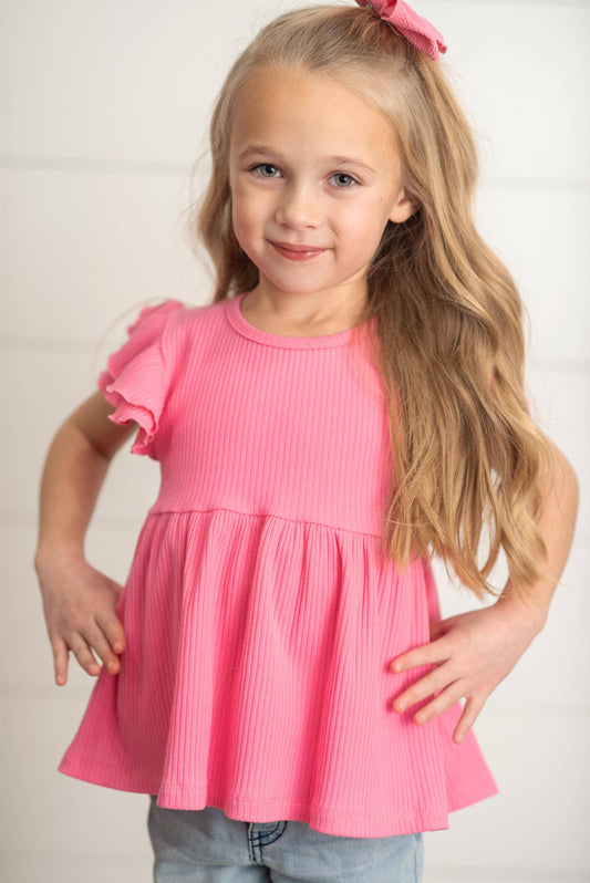 Girls Bright Pink Double Ruffle Flutter Sleeve Spring Shirt