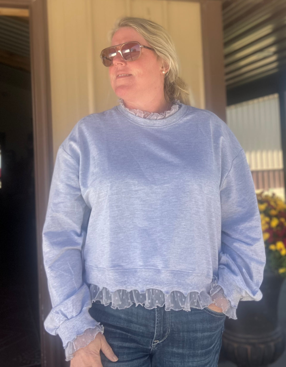Heather Grey Lace Ruffle Raglan Top