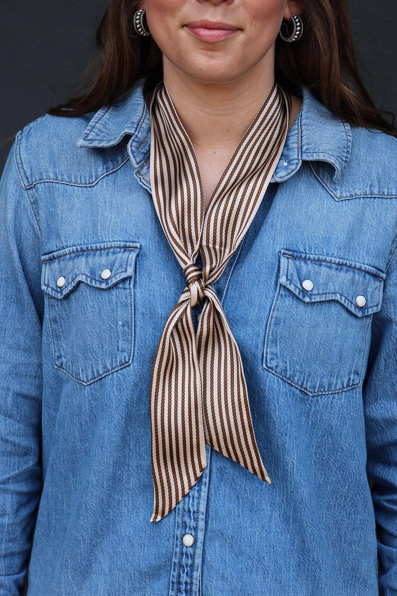 Tan Silk Twilly Scarf with Brown Rope Stripes