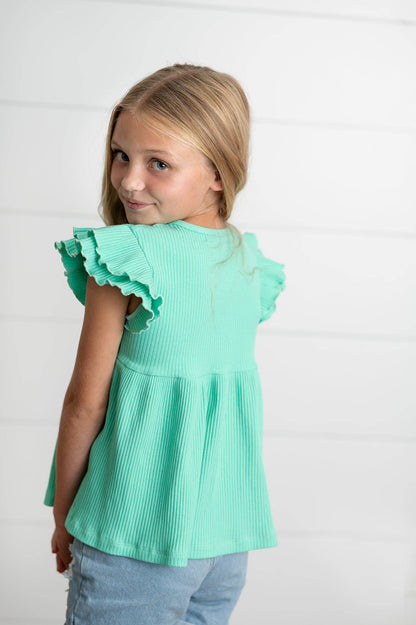 Girls Turquoise Double Ruffle Flutter Sleeve Spring Shirt