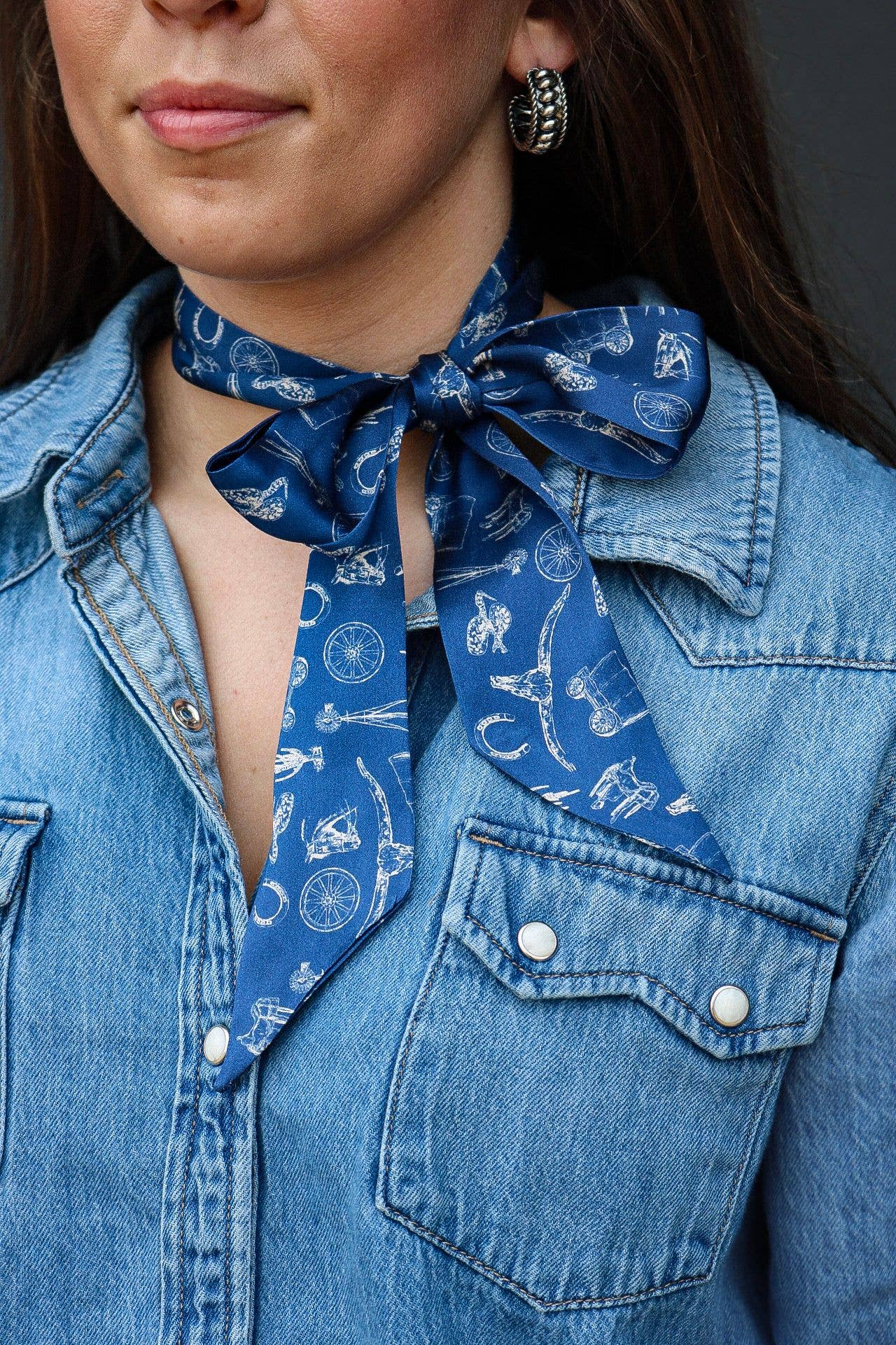Silk Twilly Scarf w/ Western Motif Pattern