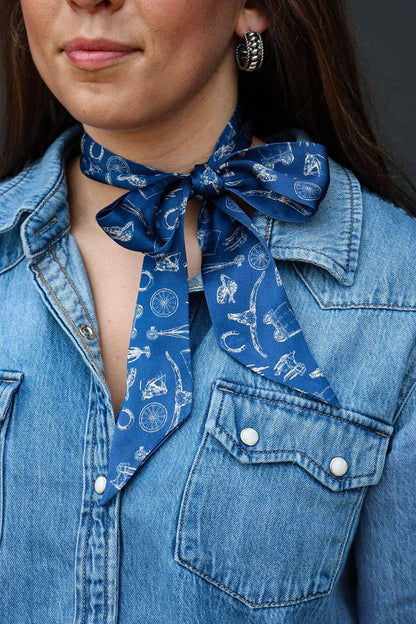 Silk Twilly Scarf w/ Western Motif Pattern