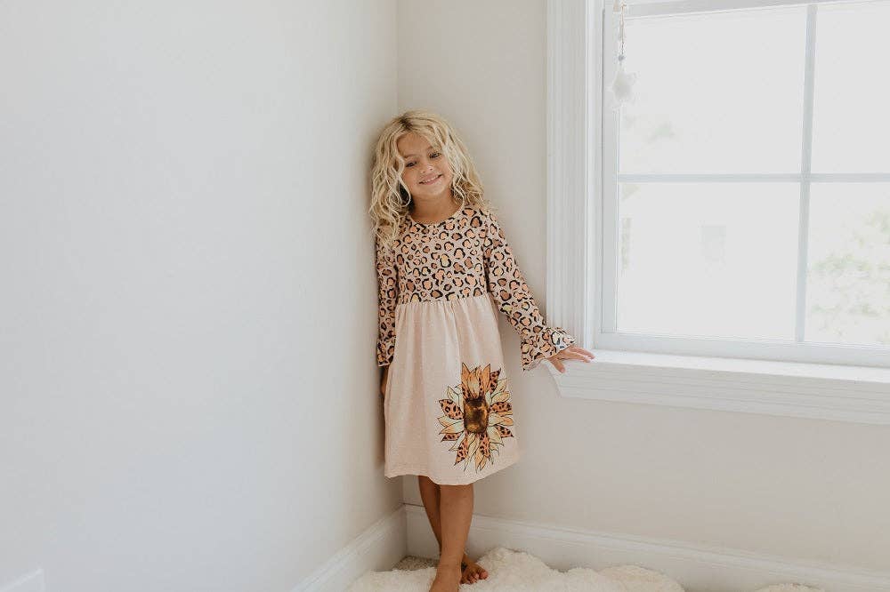 Girls Claire Sunflower Leopard Print Twirl Dress