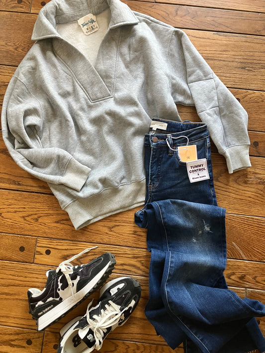 Heather Grey Collared Long-Sleeve Sweatshirt