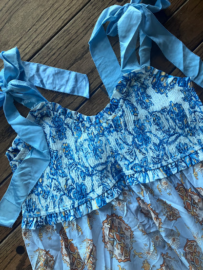 Blue Floral Boho Smocked Maxi Dress with Ribbon Straps by Farm Wife Threads