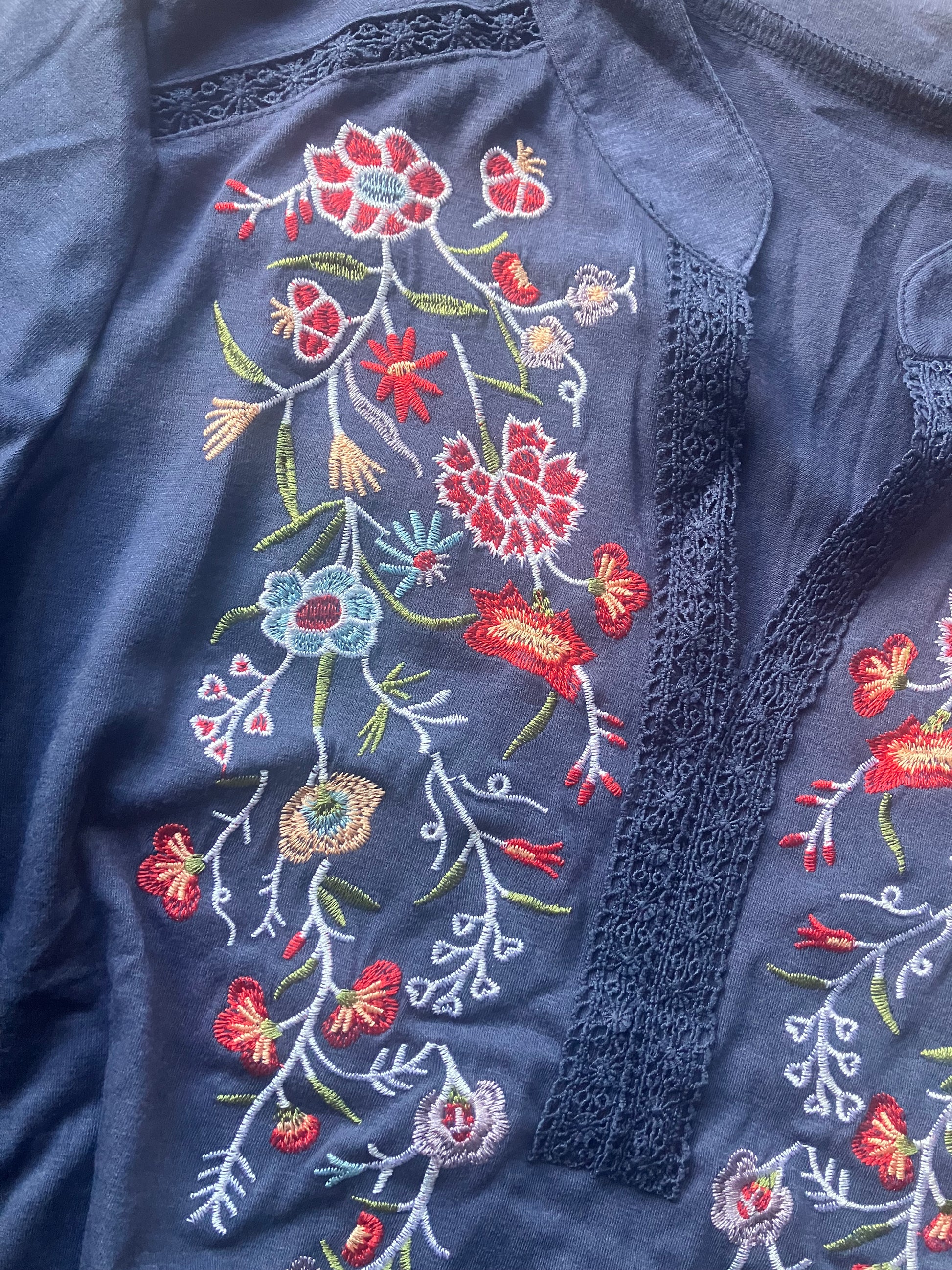 Blue RANDEE embroidered floral lace summer top by Farm Wife Threads