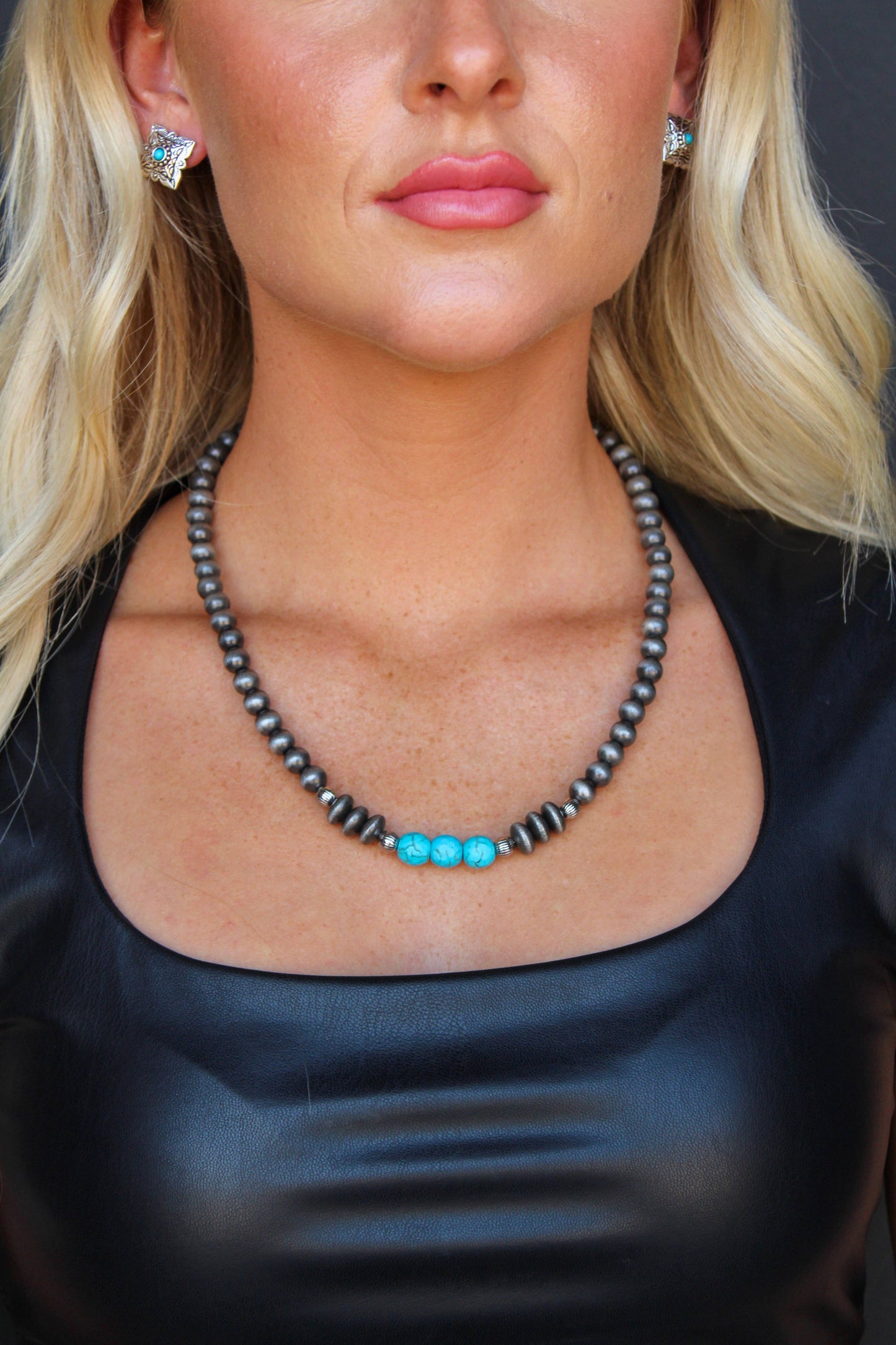 Burnished Silver Navajo Pearl & Turquoise Beaded Necklace
