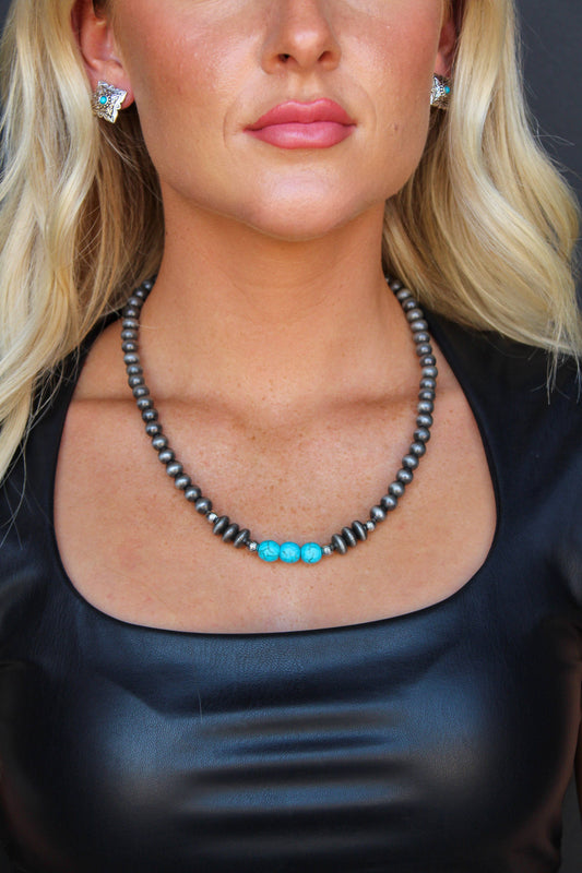 Burnished Silver Navajo Pearl & Turquoise Beaded Necklace
