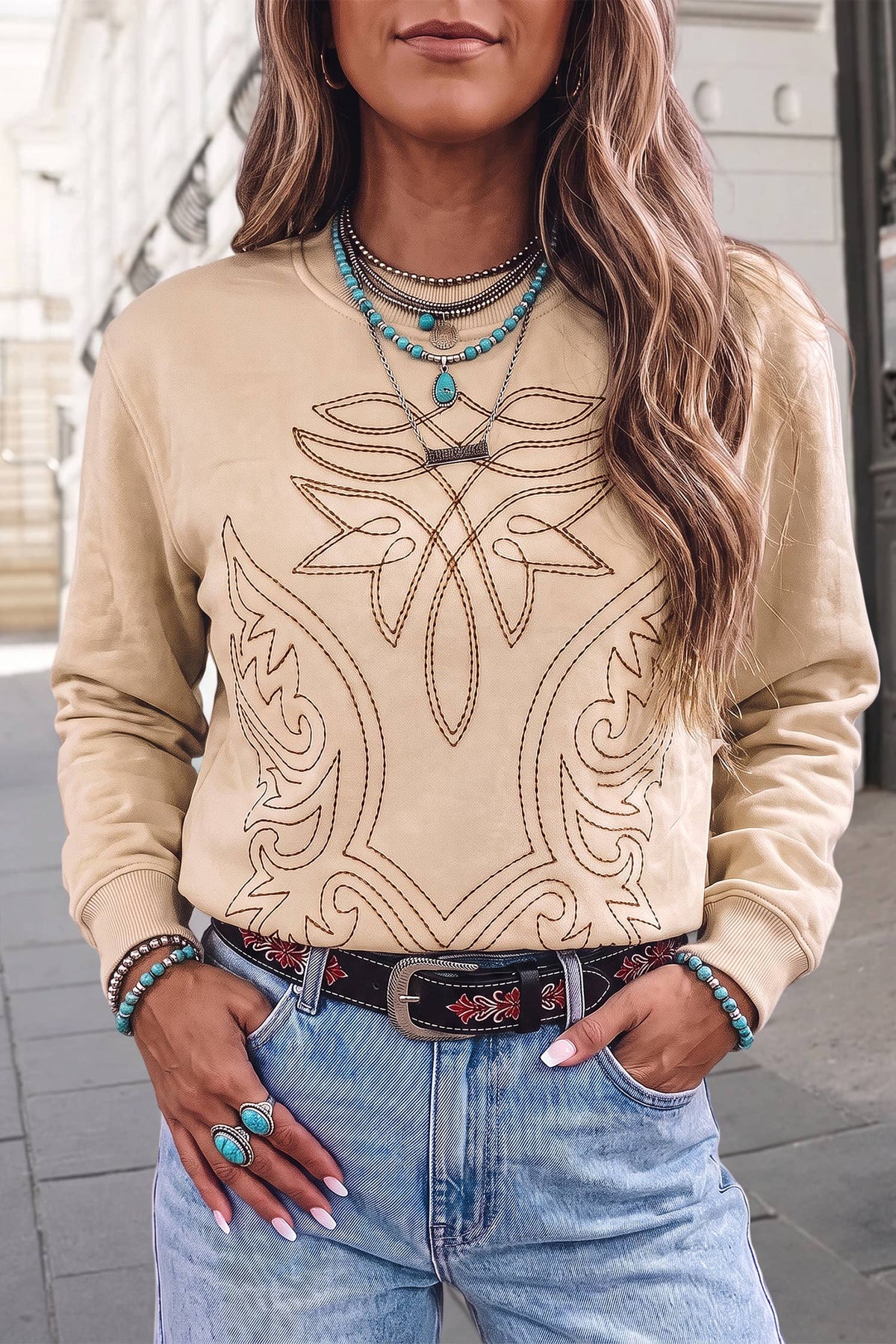 Western Embroidered Pullover Sweatshirt