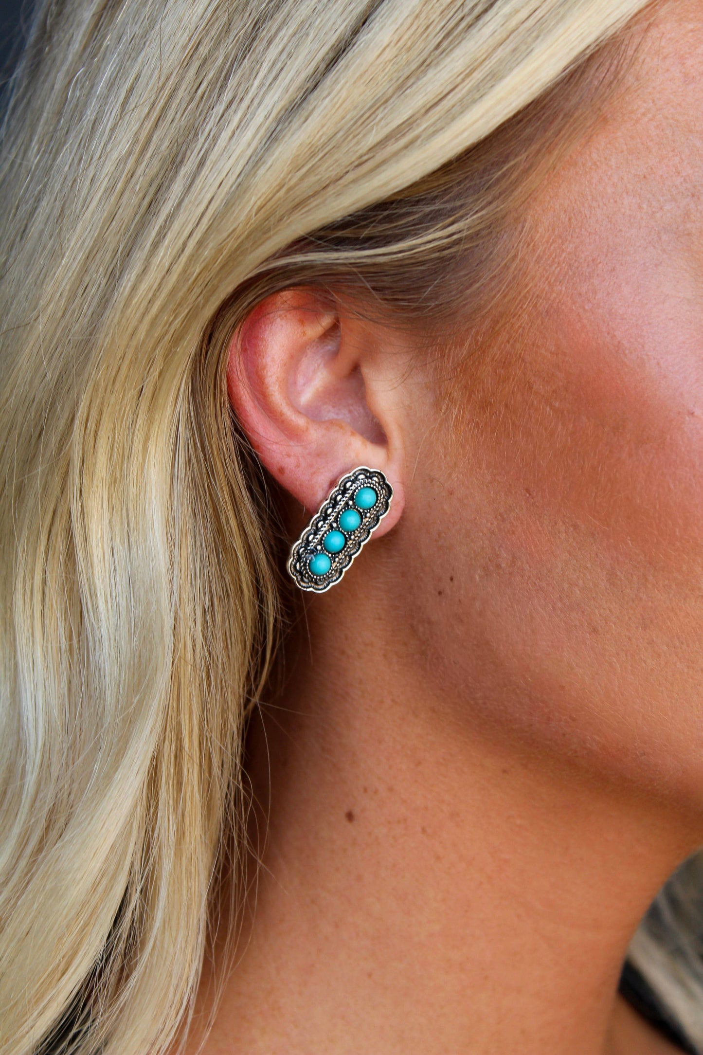 1" Turquoise & Silver 4 Stone Stamped Post Earrings