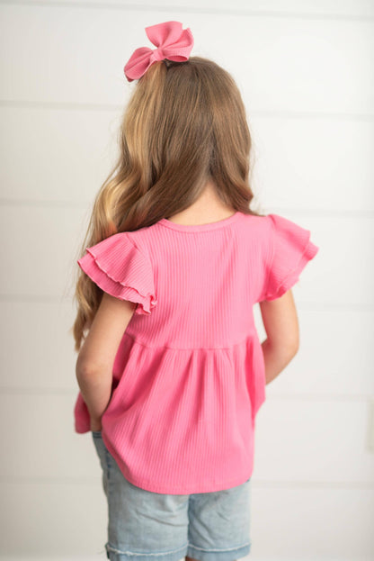 Girls Bright Pink Double Ruffle Flutter Sleeve Spring Shirt
