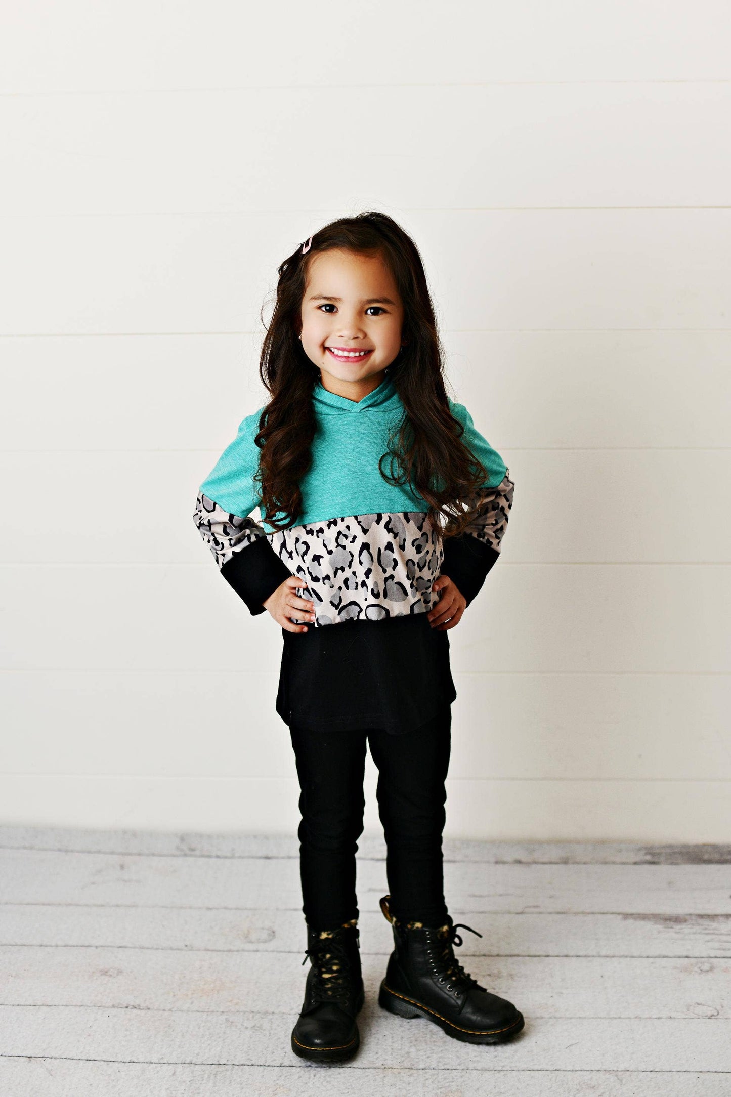 Kids Teal Black & Leopard Print Winter Hoodie Shirt