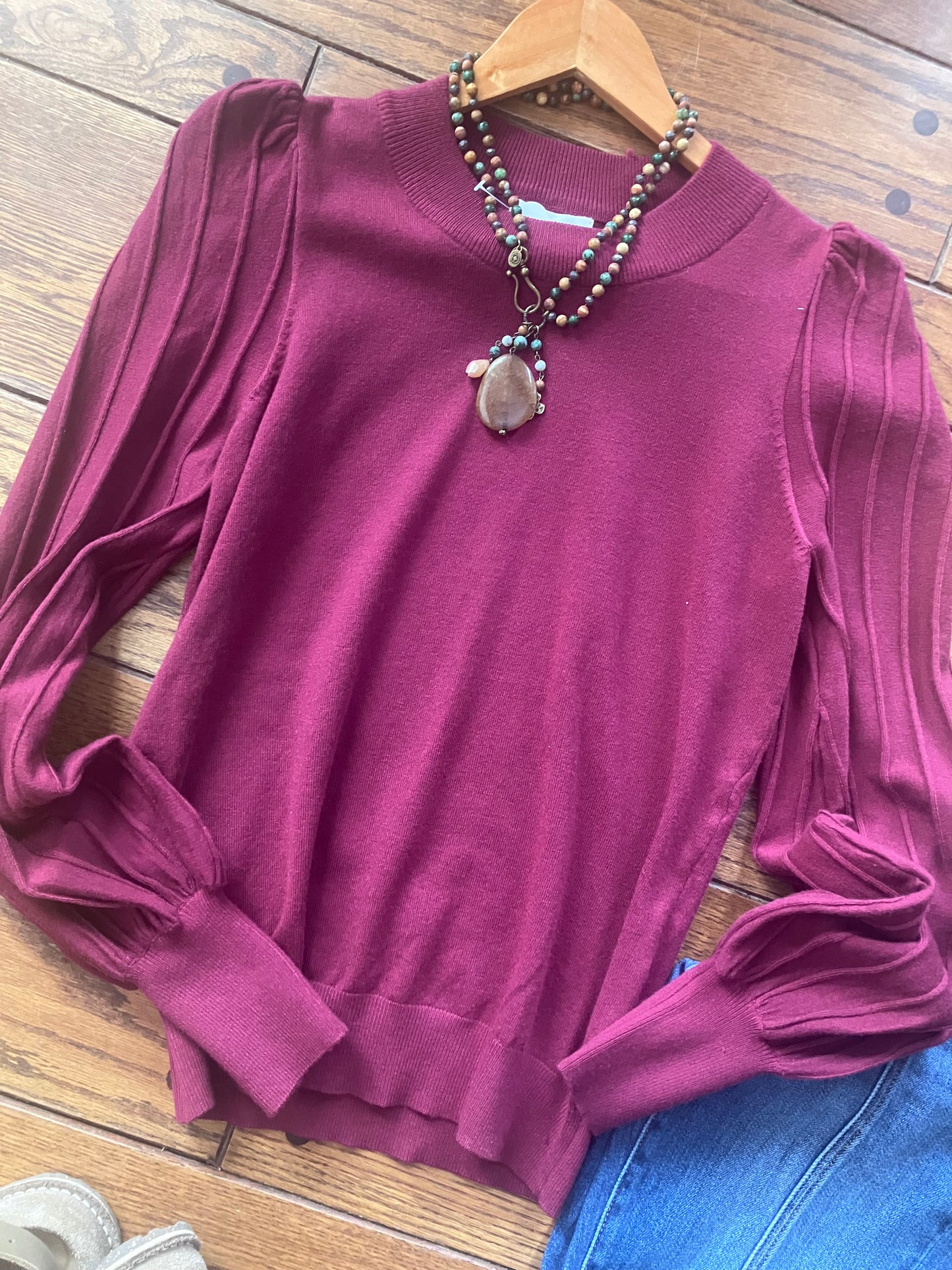 SOPHIA WINE: Wine colored knit top with puff sleeves from Farm Wife Threads - women's fashion, layering top.