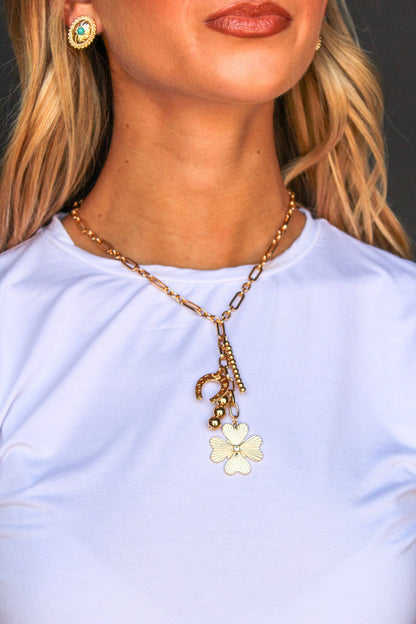 Gold Charm Necklace with Flower & Horseshoe Accents