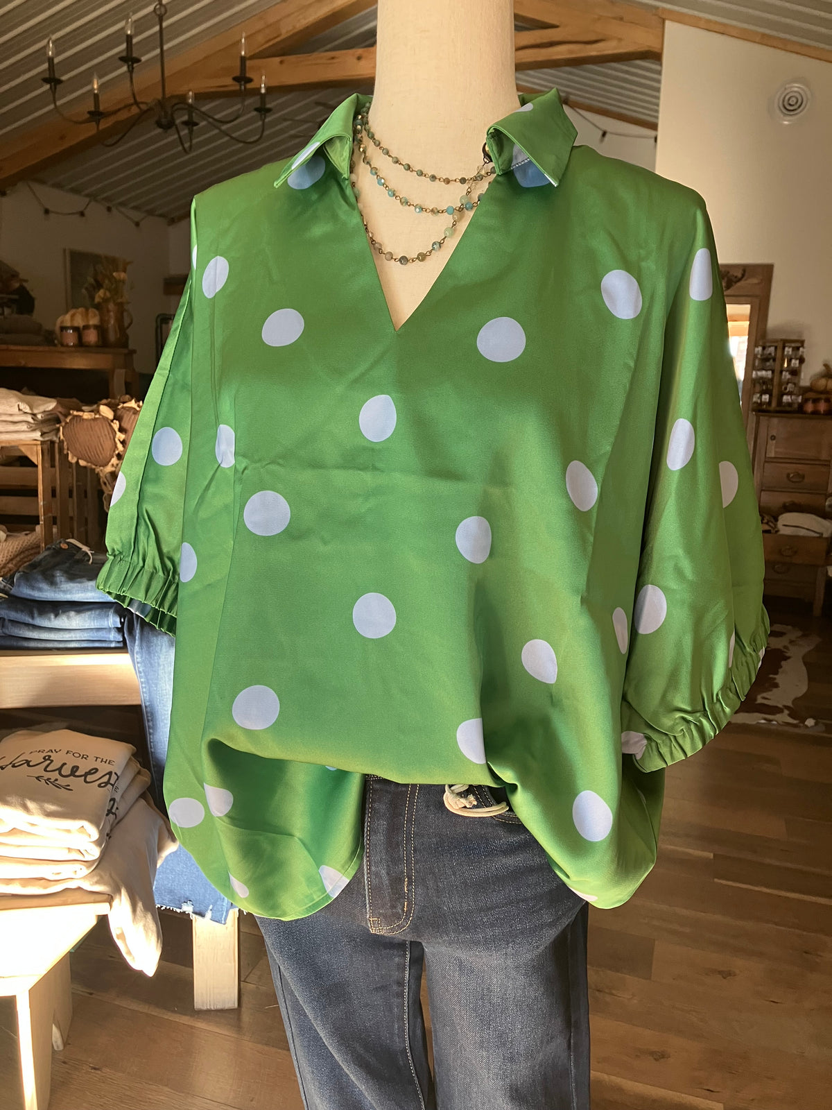 Green Polka Dot Satin V-Neck Top