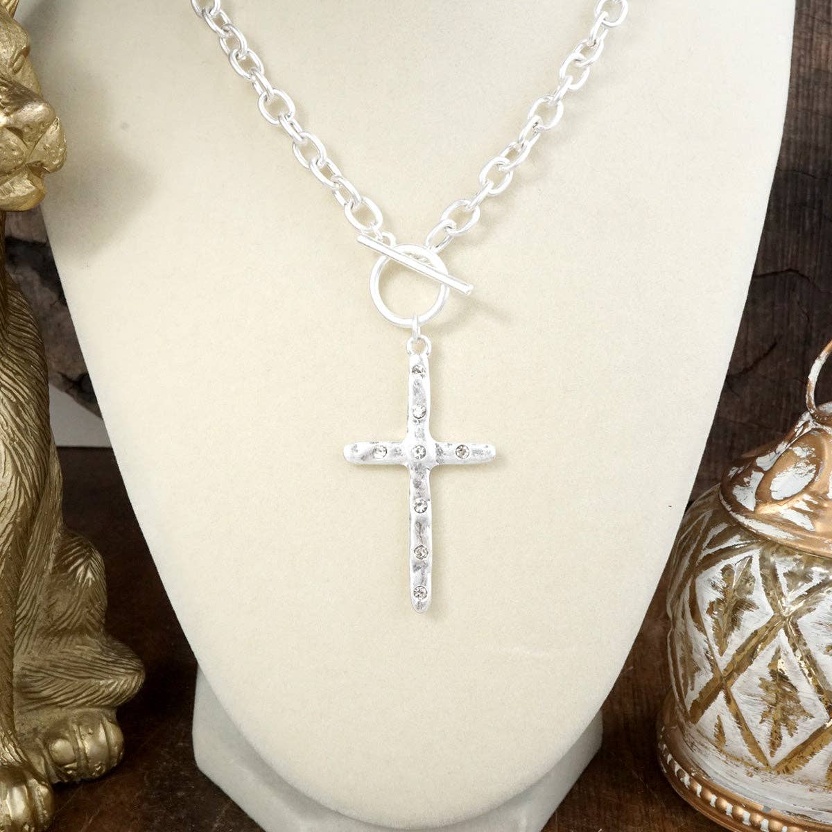 Hammered Cross Front Toggle Necklace
