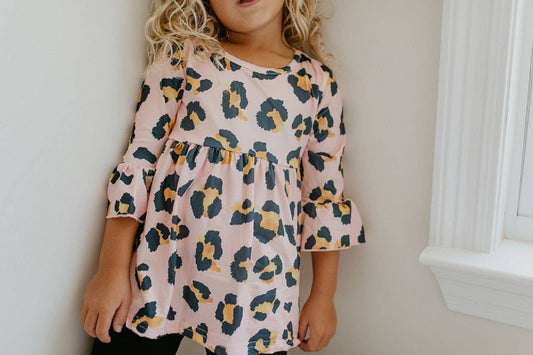 Kids Pink Leopard Ruffle Sleeve Shirt Blouse