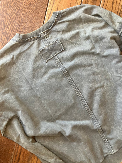French Terry Acid Wash Raw Edge Pullover in Mocha Grey