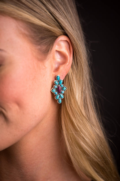 Turquoise and Plum Cluster Post Earrings