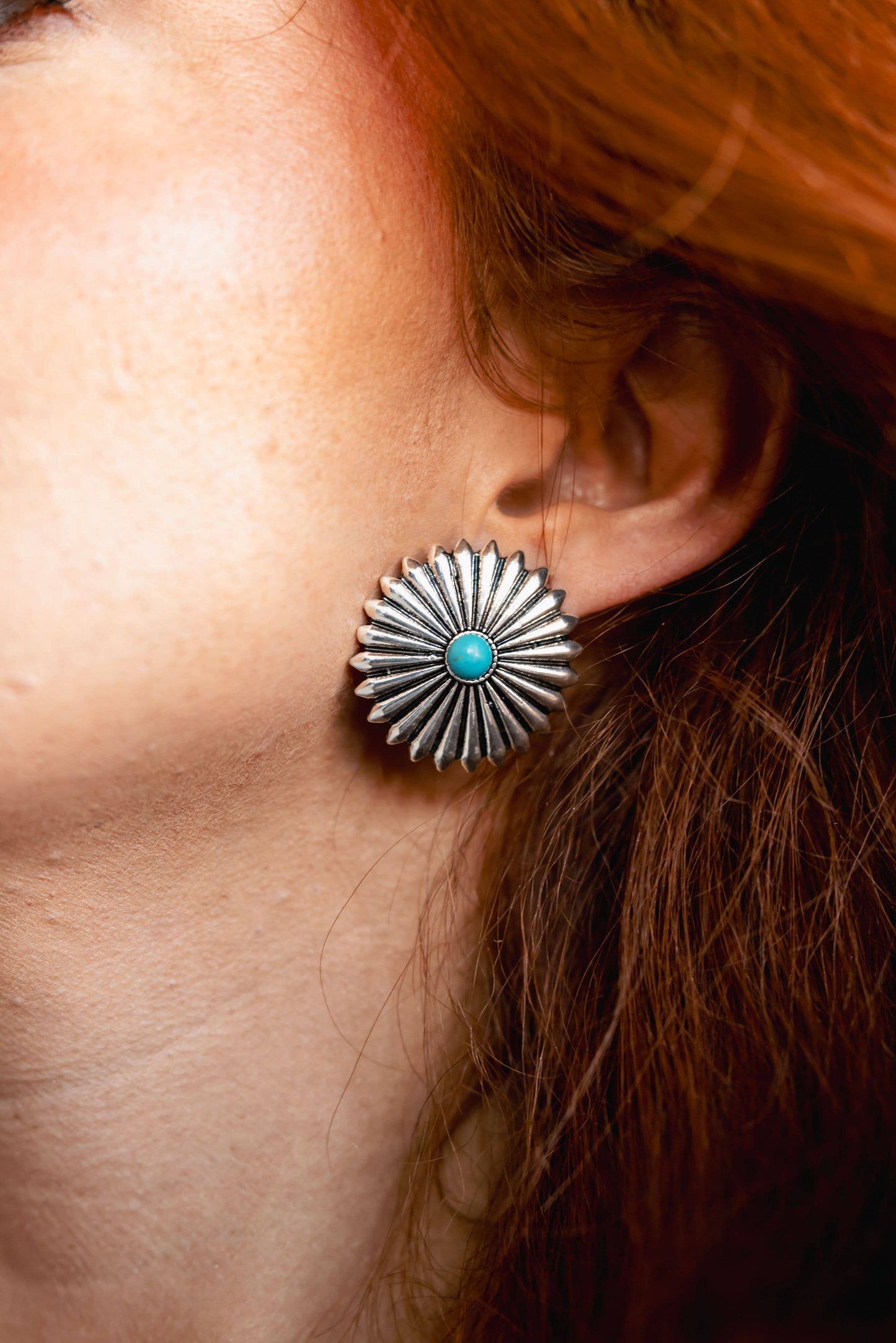 Silver Concho Burst Post Earrings w/ Turquoise Accent