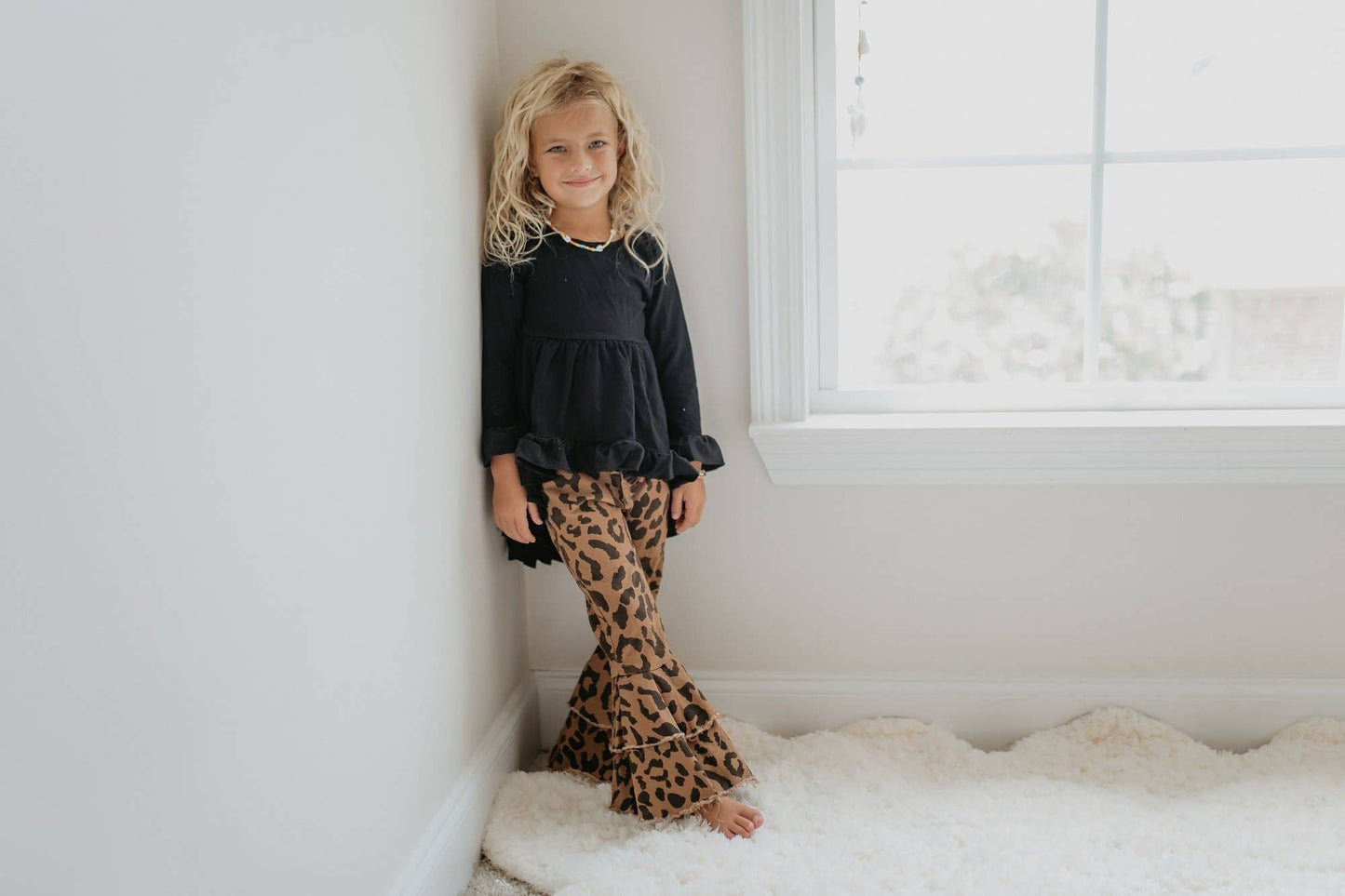 Girls Leopard Double Denim Ruffle Jeans