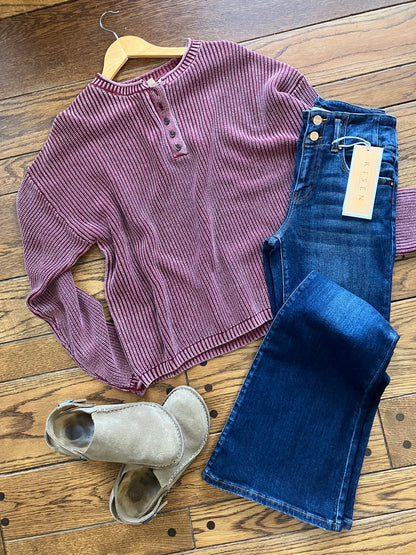 Washed Ribbed Henley Pullover Sweater